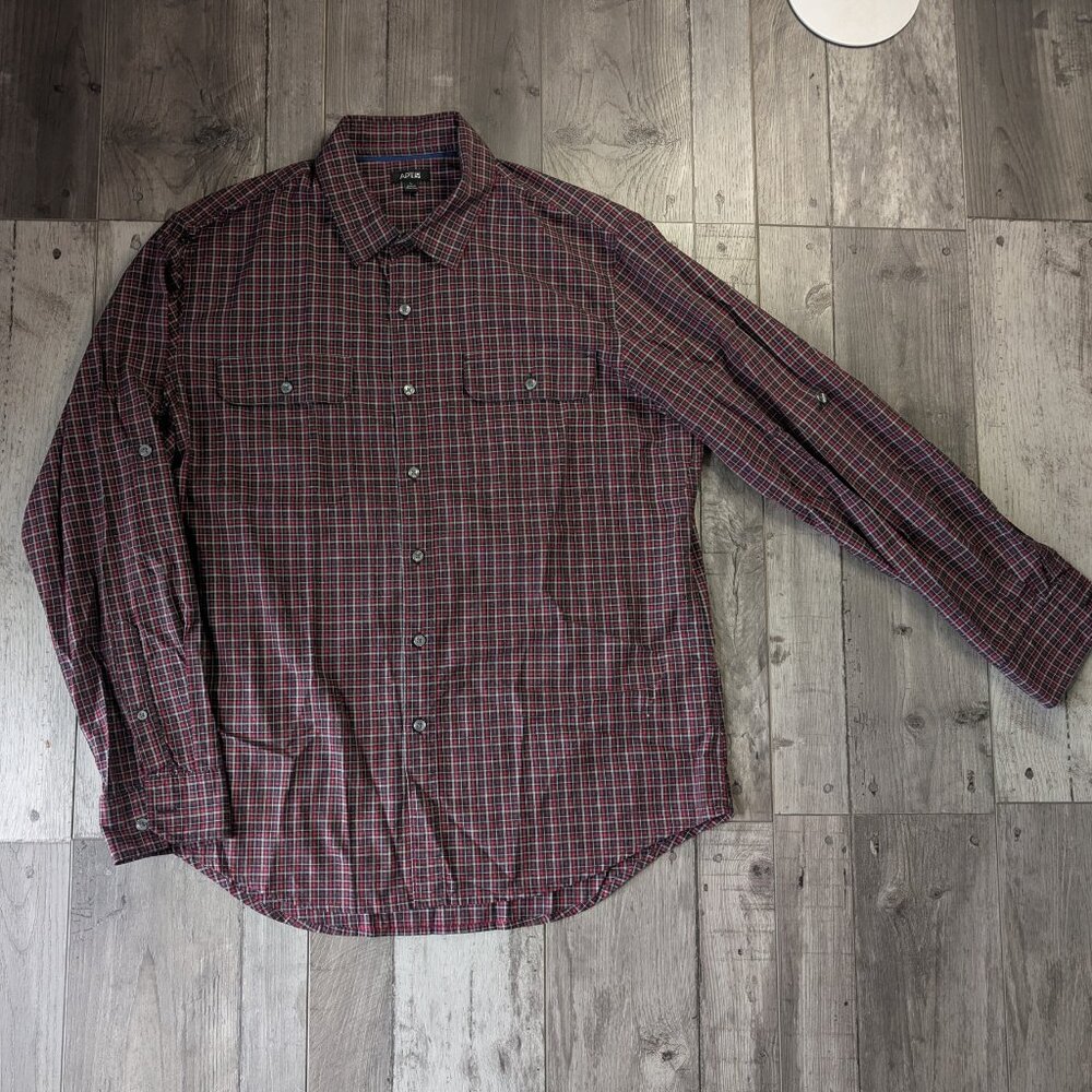 Apt 9, Plaid Long Sleeve Button Down Shirt, Black/Red, Sz L, 100% Cotton
